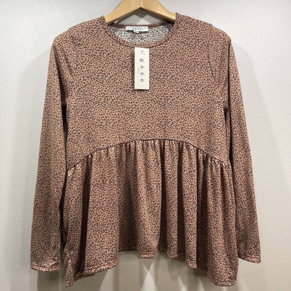 GAZE Womens Leopard Print Baby Doll Tunic Long Sleeves Top Brown Black M **NWT - Picture 7 of 9